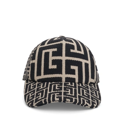 Balmain Mix Monogram Jacquard Cap In Black ModeSens