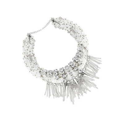 Sohi Women's Silver Plait Chain Drop Statement Necklace In White