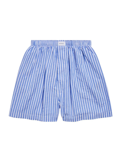 Balenciaga Logo-tab Striped Cotton-poplin Shorts In Blue