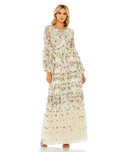 Mac Duggal High Neck Floral Embroidered Puff Sleeve Gown In Ivory