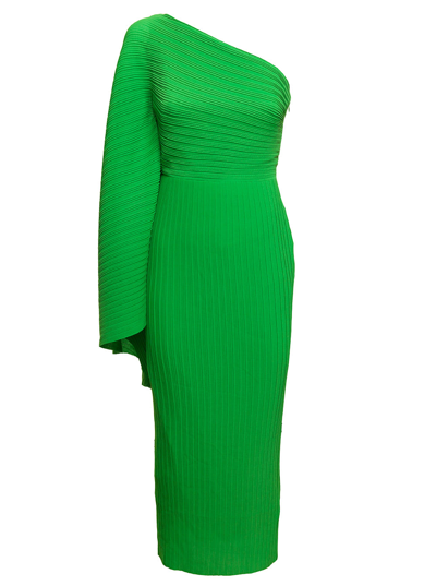SOLACE LONDON LENNA MIDI GREEN ONE-SHOULDER DRESS IN PLEATED FABRIC WOMAN