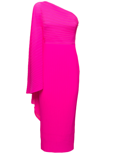 Solace London Lenna Midi Fuchsia One-shoulder Dress In Pleated Fabric Woman In Pink