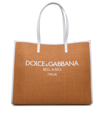 Dolce & Gabbana Large Shopping Bag In Beige Cotton Blend