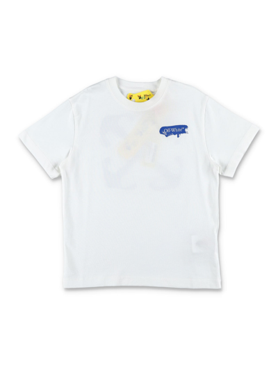 Off-white Kids' Boy's Paint Logo Graphic-print T-shirt In White Blue
