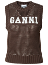 Ganni Intarsia-knit Logo Organic-cotton Blend Vest In Brown