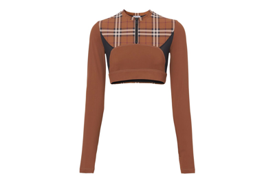 Pre-owned Burberry Checked Stretch-jersey Cropped Top Brown