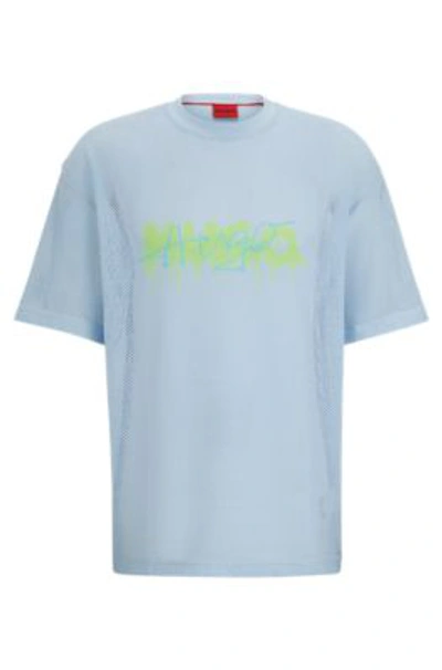 Hugo Mesh Oversize-fit T-shirt With New-season Logo In Light Blue