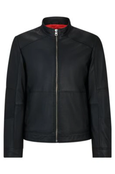 Hugo Extra-slim-fit Leather Jacket With Red Lining In Black