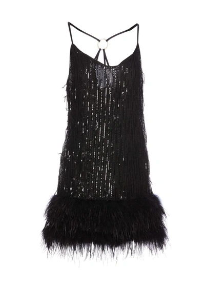 Liu •jo Short Sequined Dress With Black Feathers In Technical Fabric Woman