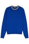 Versace Neckline Contrast Long Sleeves Ribbed Cuffs In Electric Blue