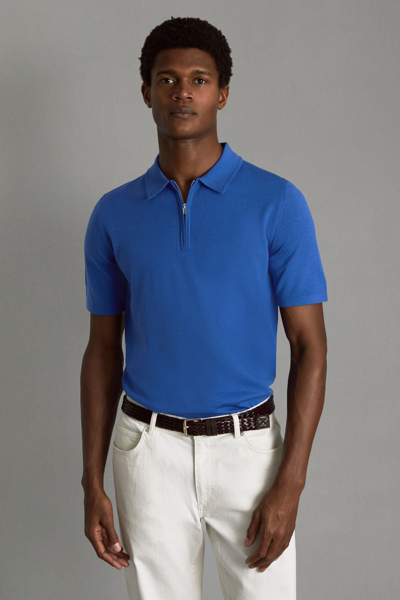 Reiss Maxwell Slim Fit Merino Wool Quarter Zip Short Sleeve Polo Shirt In Lapis Blue