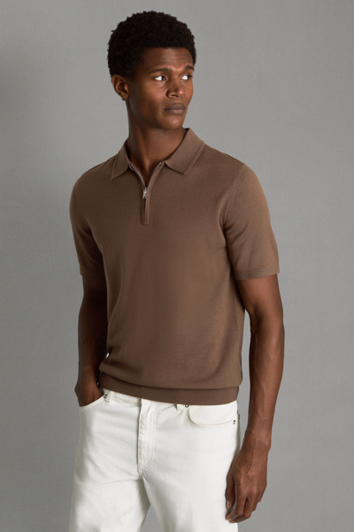 Reiss Maxwell Slim Fit Merino Wool Quarter Zip Short Sleeve Polo Shirt In Pecan Brown