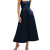 DESSY COLLECTION SQUARE NECK SATIN MIDI DRESS WITH FULL SKIRT & POCKETS
