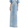 AFTER SIX DRAMATIC RUFFLE EDGE CONVERTIBLE STRAP METALLIC PLEATED MAXI DRESS WITH FLORAL GOLD FOIL PRINT