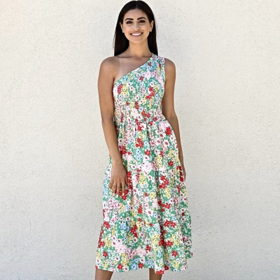 Anna-kaci Easy On The Eyes Floral One Shoulder Dress In Green