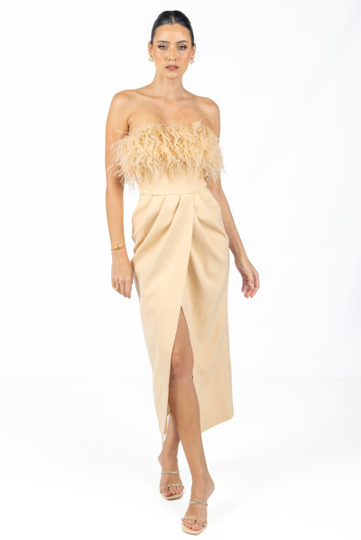 Akalia Diane Midi Feather Dress Beige In Gold