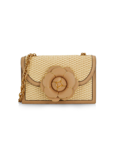 Oscar De La Renta Classic Tro Flower Raffia Crossbody Bag In Beige