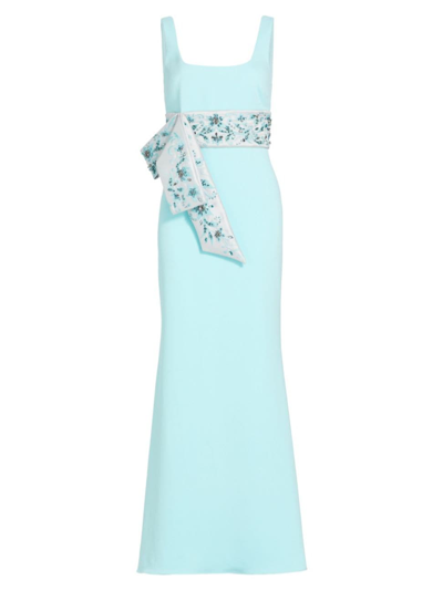 Badgley Mischka Women's Crystal-embellished Tie-waist Gown In Seafoam