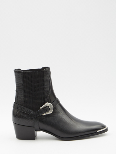 Celine Men Isaac Western Chelsea Boot With Harness And Metal Toe In Calfskin With Tejus Print Black