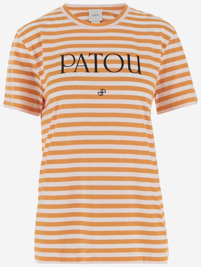 Patou Striped Cotton T-shirt With Logo In Light Orange