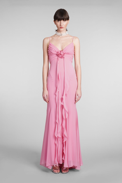 Blumarine Long Silk Dress With Draping And Decorative Rose In Pink