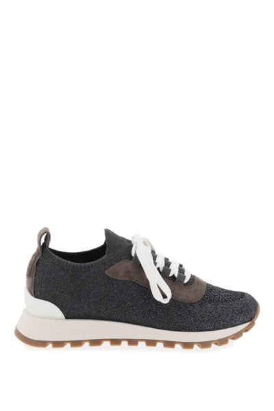 Brunello Cucinelli Monili Shimmer Knit Trainer Sneakers In Grey,metallic