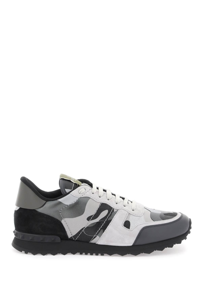 Valentino Garavani Rockrunner Camouflage Leather And Suede Trainers In Black