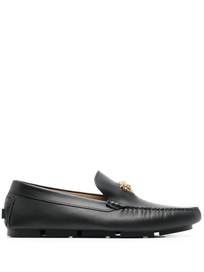 Versace La Medusa Driver Leather Loafers In Black