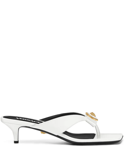Versace Gianni Ribbon Low Patent Mules In Bianco
