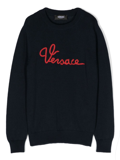 Versace Kids' Marine-logo Cotton Jumper In Blue