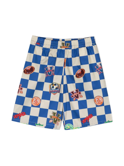 Versace Kids' Graphic-printed Check Shorts In Blue