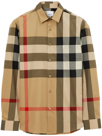 Burberry Check Print Stretch Cotton Shirt In Beige