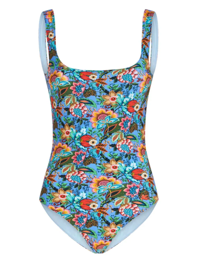 Etro Bouquet-print Open-back Swimsuit In Light Blue