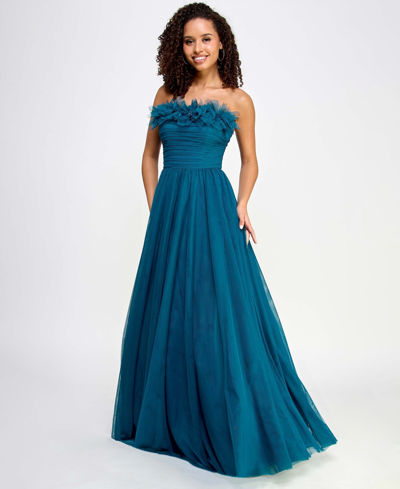 City Studios Juniors' Flower-neck Ruched Strapless Ballgown In Teal