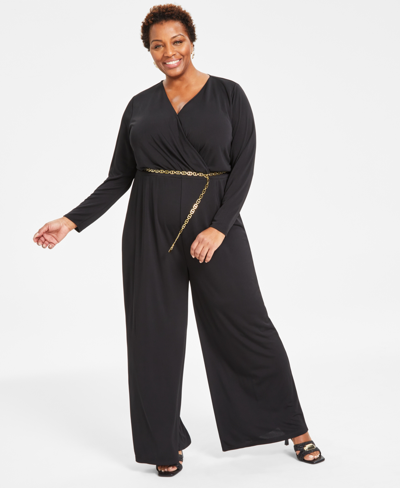 Inc International Concepts Plus Size Chain Belt Long Sleeve Wide Leg Jumpsuit, Created For Macy's In Deep Black