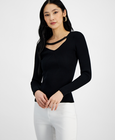 Inc International Concepts Women's Chain-trim Cutout Sweater, Created For Macy's In Deep Black
