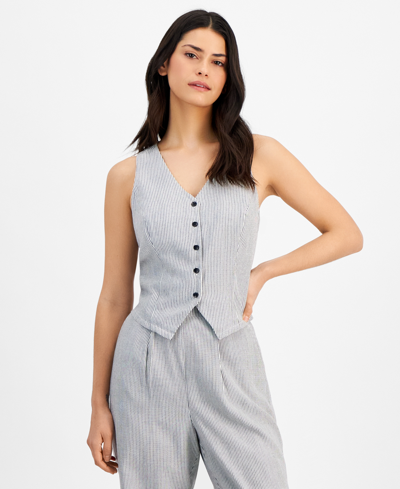 And Now This Women's Button-front V-neck Vest, Created For Macy's In Black  White Stripe
