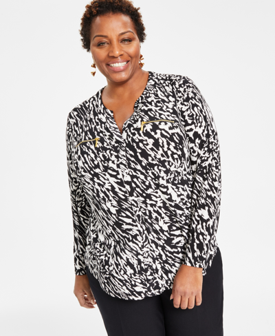 Inc International Concepts Plus Size Printed Zip-detail Top, Created For Macy's In Taylor Abstract