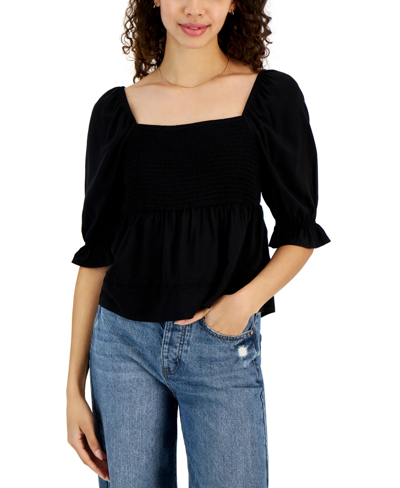 Love, Fire Juniors Lace-trim Square-neck Smocked Top In Black