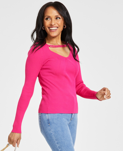 Inc International Concepts Women's Chain-trim Cutout Sweater, Created For Macy's In Pink Dragonfruit
