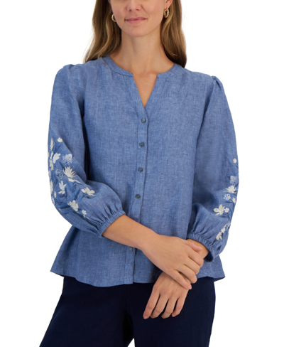 Charter Club Women's 100% Linen Embroidered-sleeve Blouse, Created For Macy's In Blue Ocean