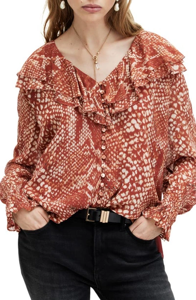 Allsaints Phoebe Waimea Animal Print Frill Top In Red Clay