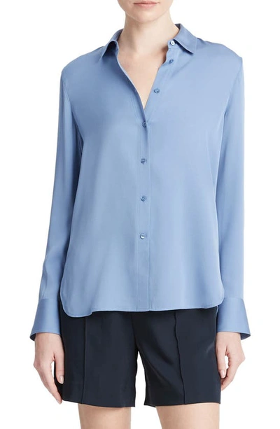 Vince Slim-fitted Stretch Silk Button-front Blouse In Azure Gem
