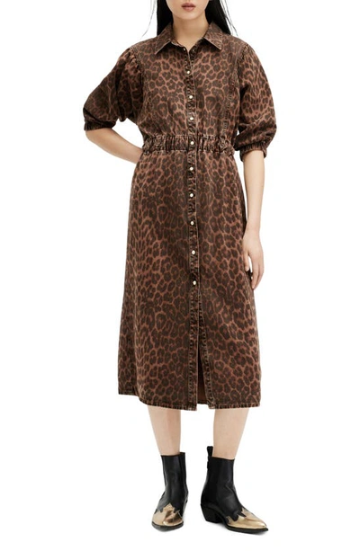 Allsaints Osa Leopard Print Denim Dress In Animal Brown