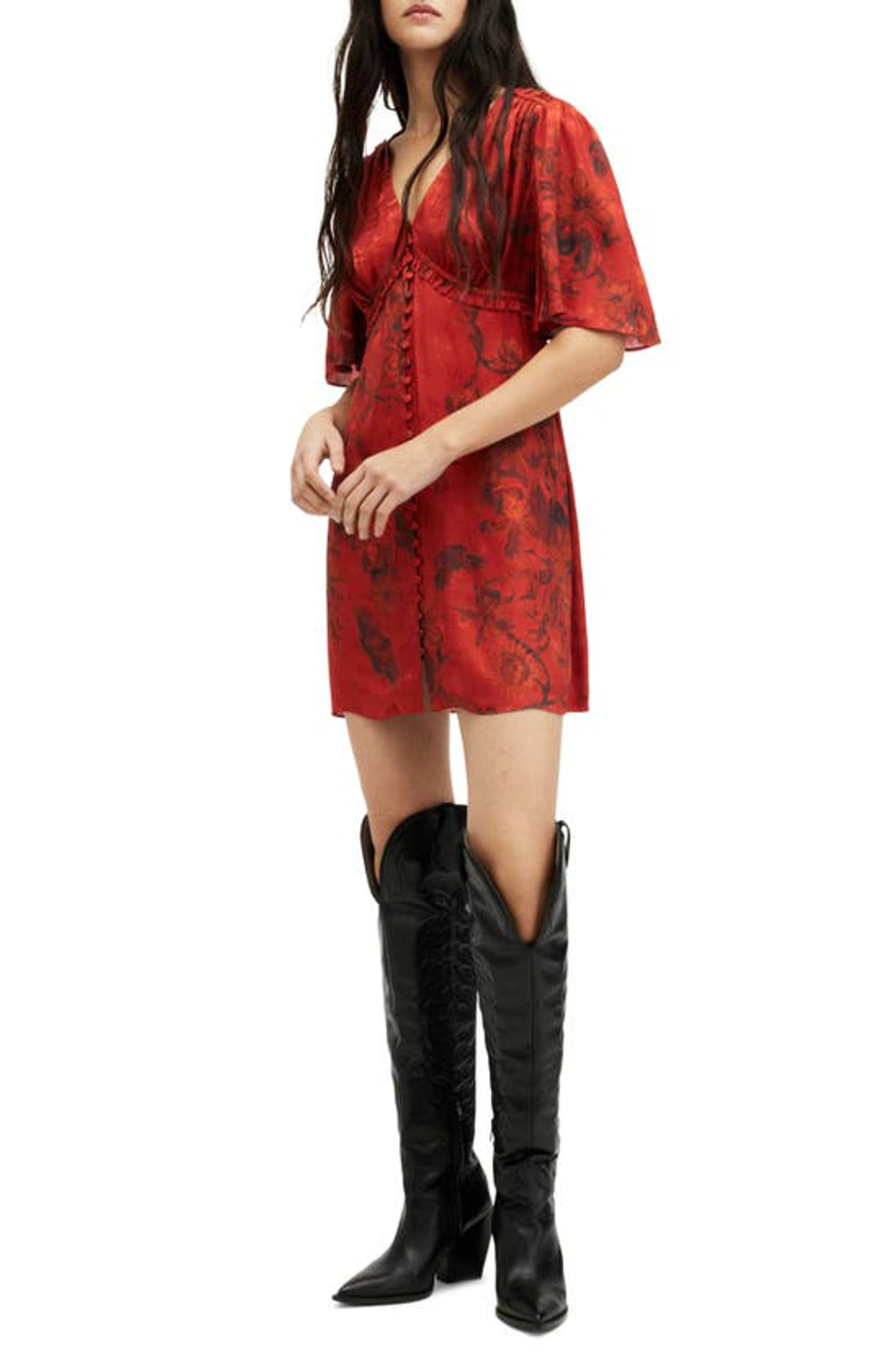 auden sanibel print mini dress AllSaints Floral Auden Mini Dress - Black