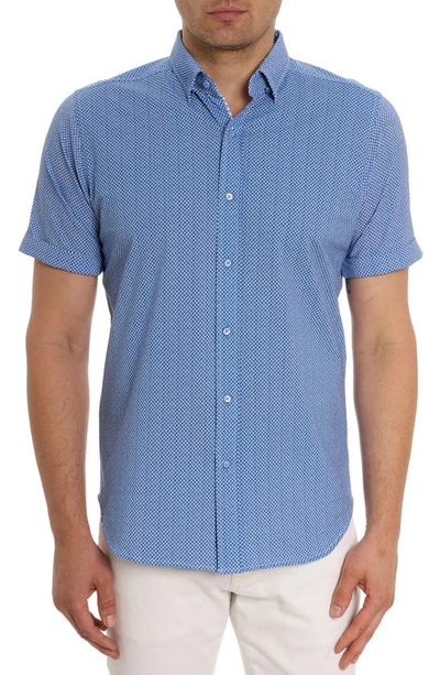 Robert Graham Shuler Deco Print Short Sleeve Stretch Cotton Button-up Shirt In Blue