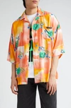 MARTINE ROSE GENDER INCLUSIVE FLORAL PATCHWORK BOXY SATIN BUTTON-UP CAMP SHIRT