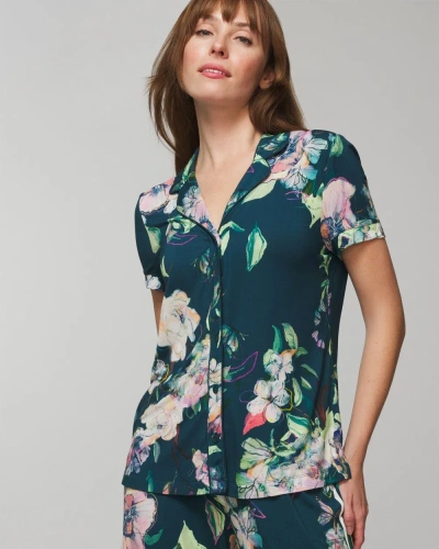 Soma Women's Cool Nights Printed Short Sleeve Notch Collar In Green Floral Size Large |  In Sketchbook Flora Dh M Pla