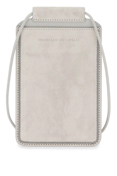 Brunello Cucinelli Suede Leather Cell Phone Holder With Monile Detail In Grey