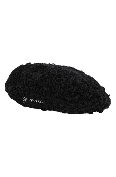 Ganni Velvet Crochet Beret In 099 Black